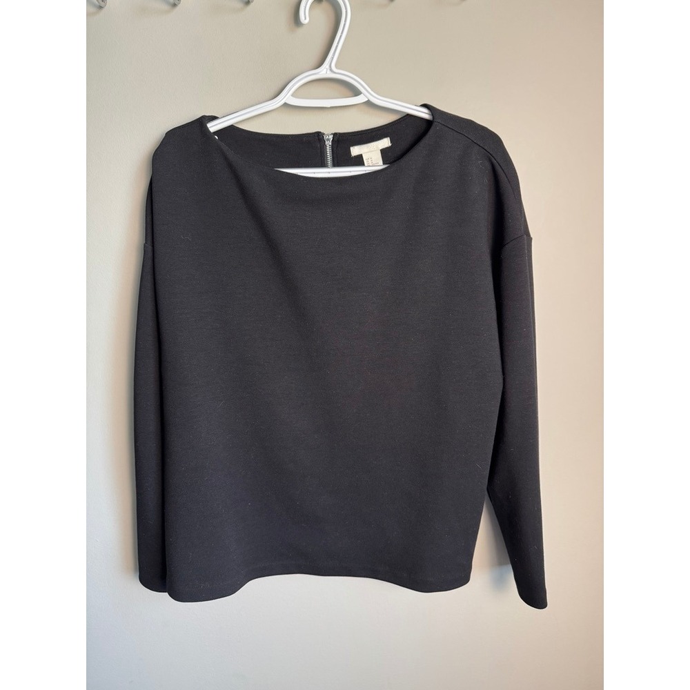 H&M Black Boatneck Long Sleeve Jersey Knit Top M Minimalist Chic Zip Back Staple